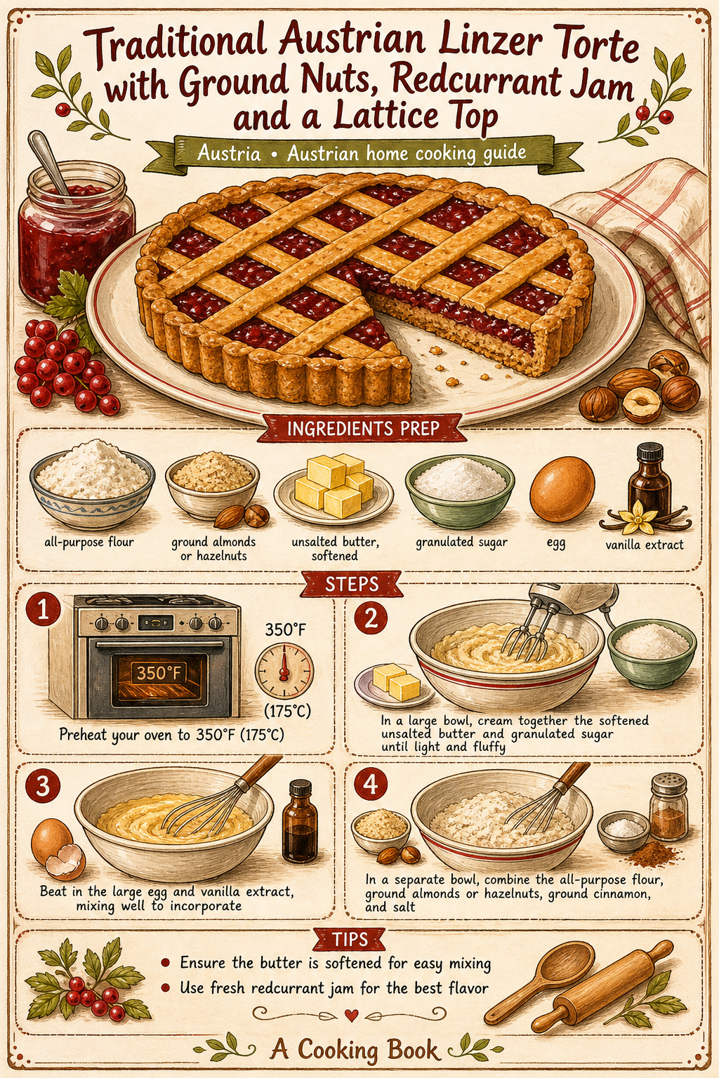 Traditional Austrian Linzer Torte with Ground Nuts, Redcurrant Jam and a Lattice Top illustrated step-by-step cooking guide