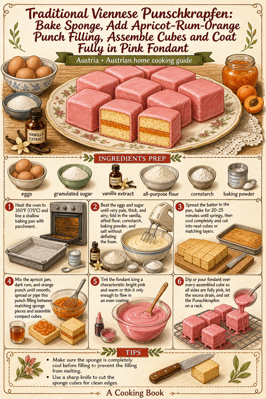 Traditional Viennese Punschkrapfen: Bake Sponge, Add Apricot-Rum-Orange Punch Filling, Assemble Cubes and Coat Fully in Pink Fondant (Step Guide Must Show Filling and Fondant, Not Stop After Sponge) illustrated step-by-step cooking guide