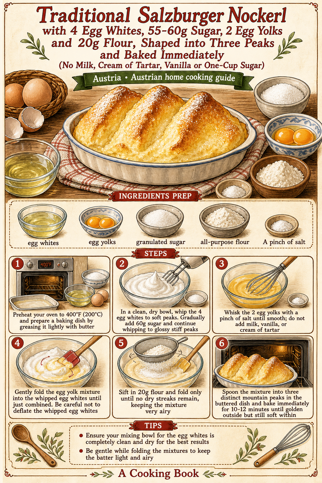 Traditional Salzburger Nockerl with 4 Egg Whites, 55-60g Sugar, 2 Egg Yolks and 20g Flour, Shaped into Three Peaks and Baked Immediately (No Milk, Cream of Tartar, Vanilla or One-Cup Sugar) illustrated step-by-step cooking guide