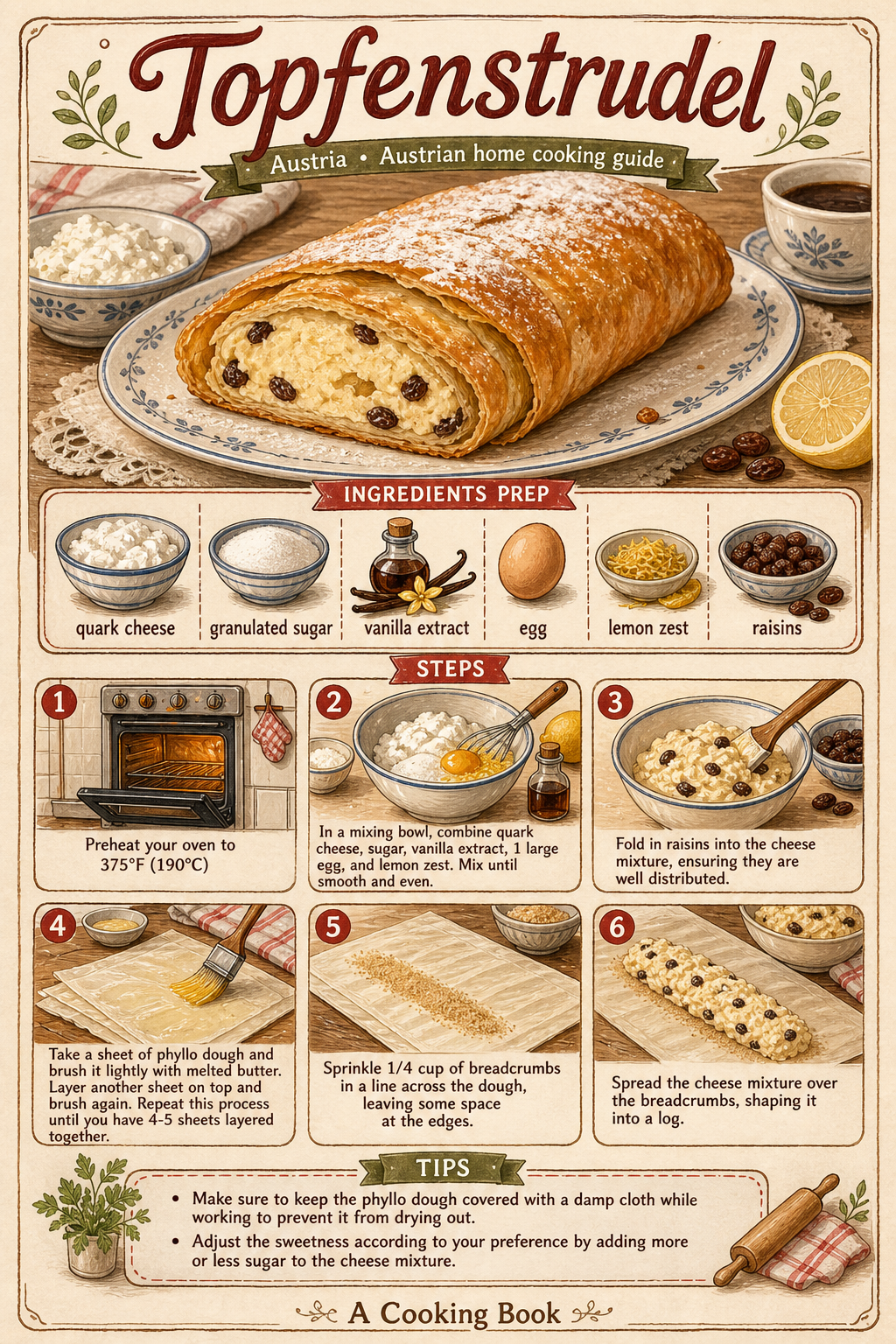 Topfenstrudel illustrated step-by-step cooking guide