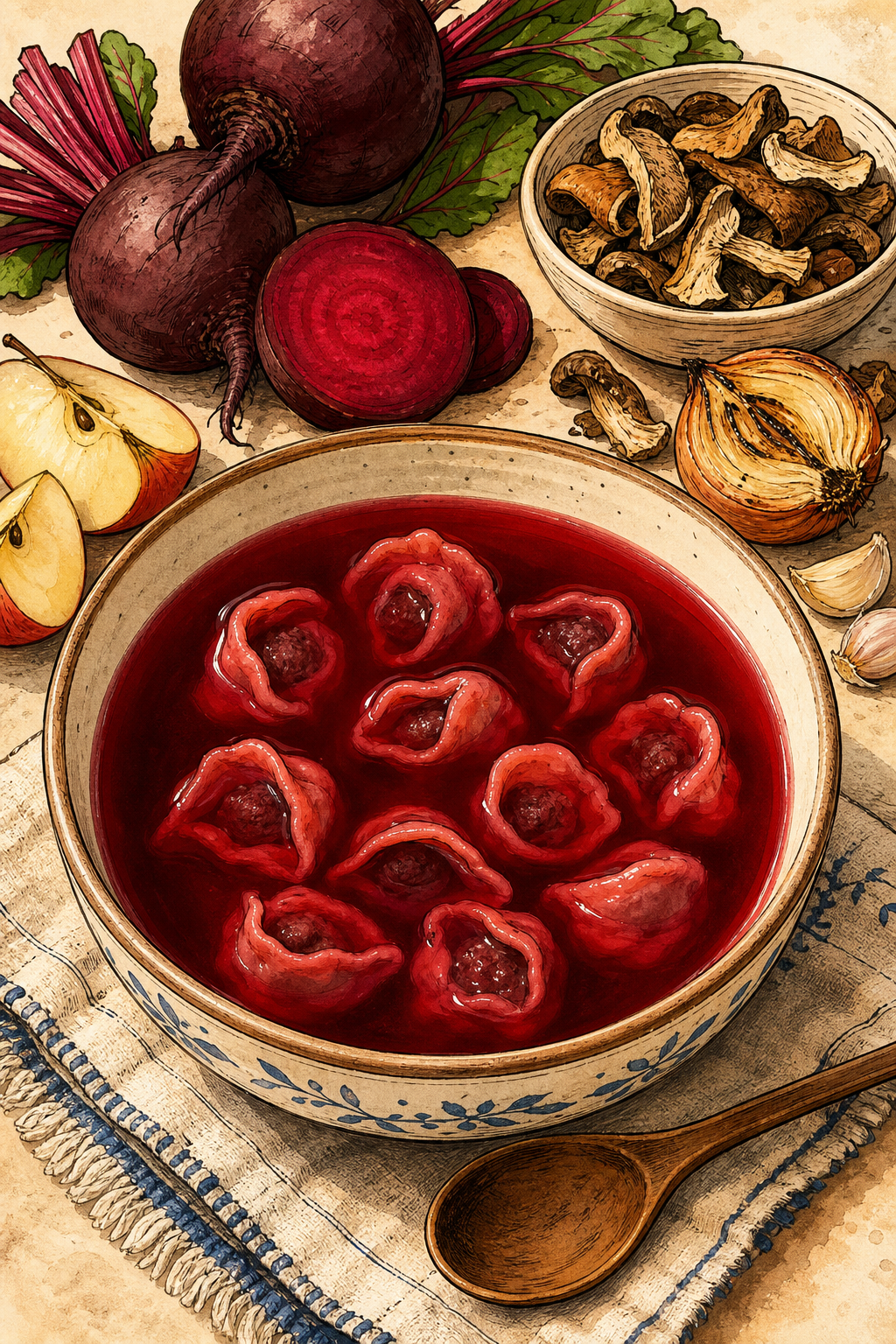 Clear Polish Barszcz Czerwony with Dried-Mushroom Uszka