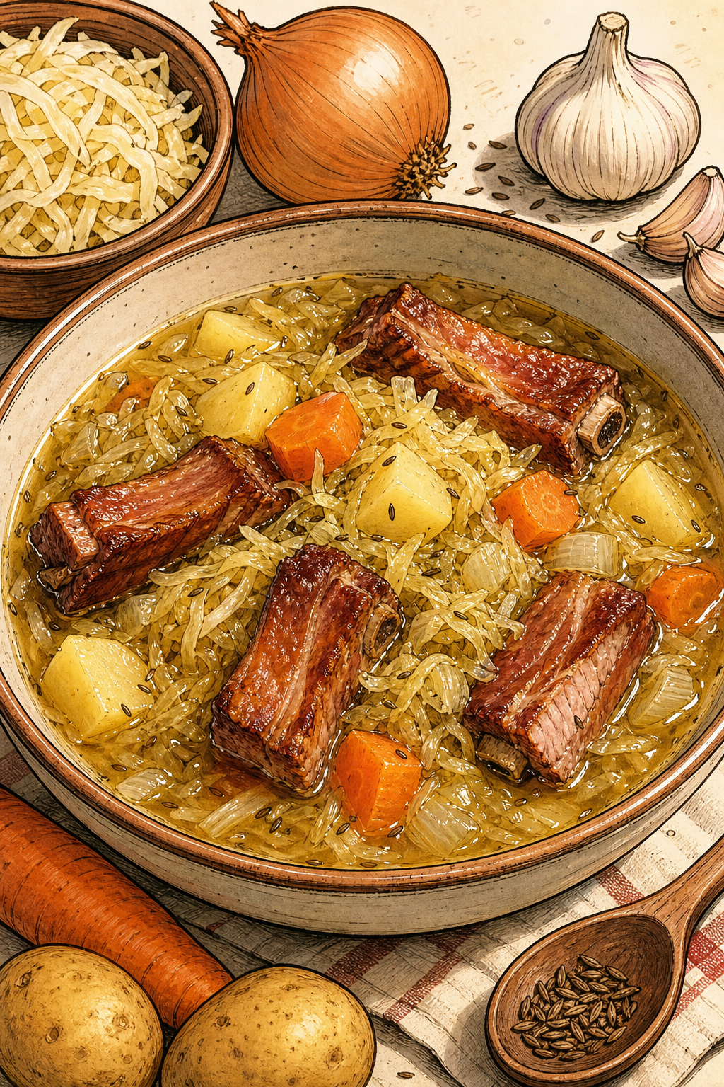 Traditional Polish Kapuśniak with Sauerkraut, Smoked Pork Ribs, Potatoes, Carrot and Caraway illustrated recipe card