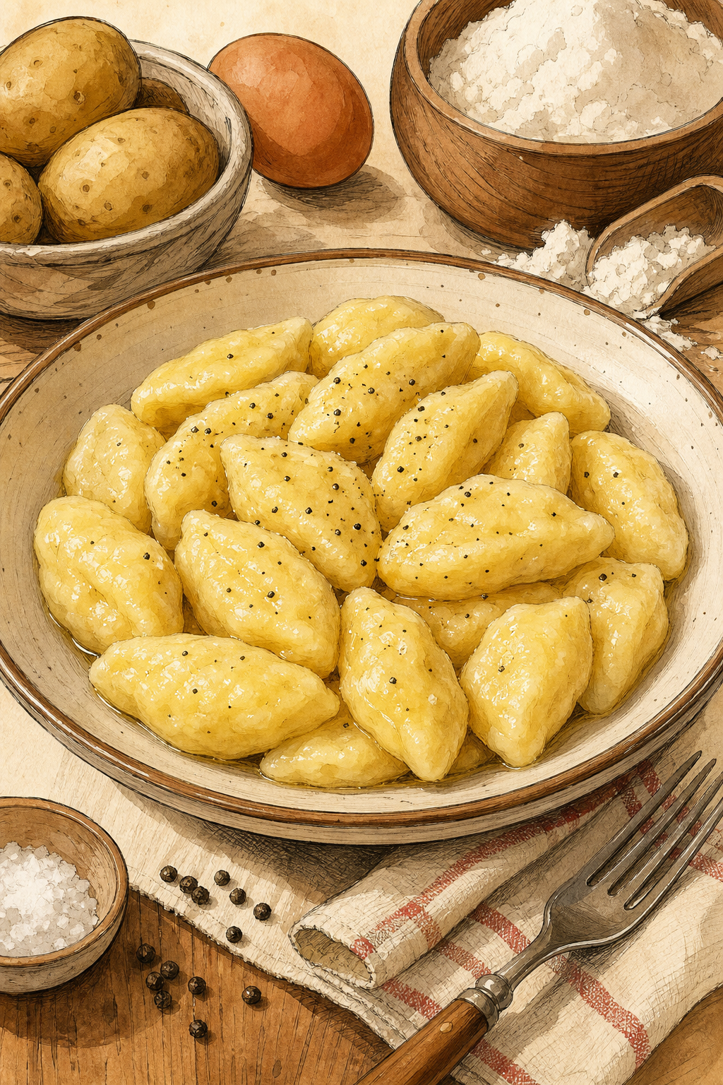 Traditional Polish Kopytka Potato Dumplings Shaped like Little Hooves and Boiled until Floating
