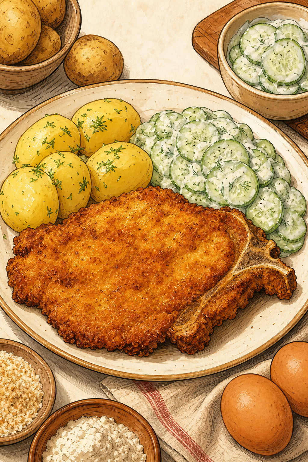 Traditional Polish Kotlet Schabowy, Thin Bone-In Pork Loin Breaded and Fried, Served with Potatoes and Mizeria
