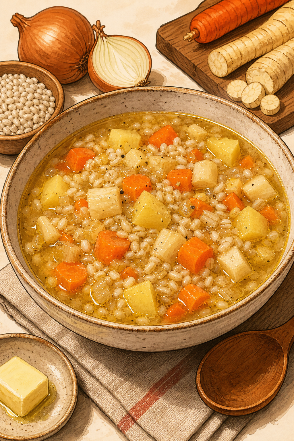 Traditional Polish Krupnik with Pearl Barley, Chicken Broth, Potatoes and Root Vegetables