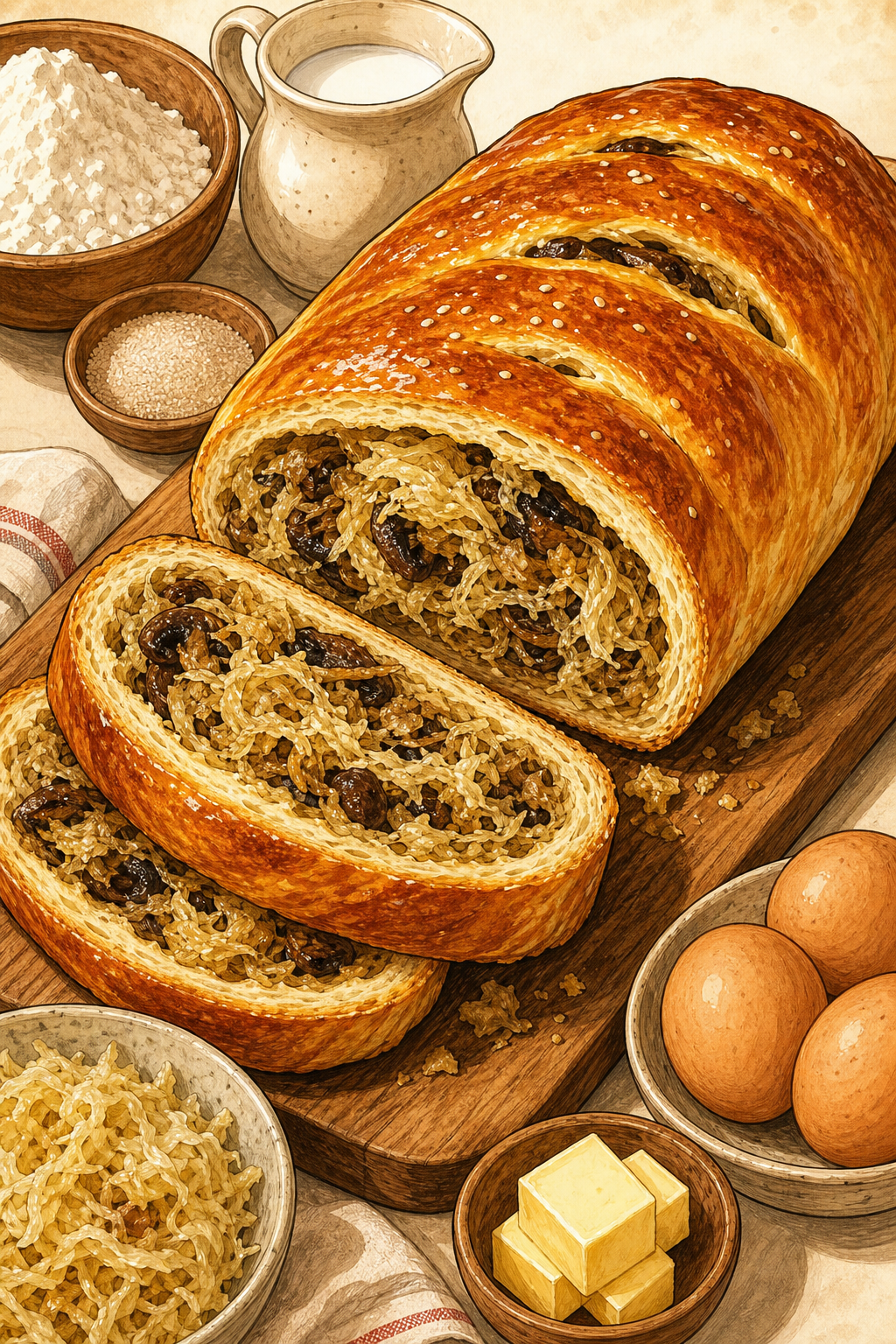 Traditional Polish Yeasted Kulebiak Loaf Filled with Sauerkraut and Dried Forest Mushrooms (No Puff-Pastry-and-Rice Shortcut)