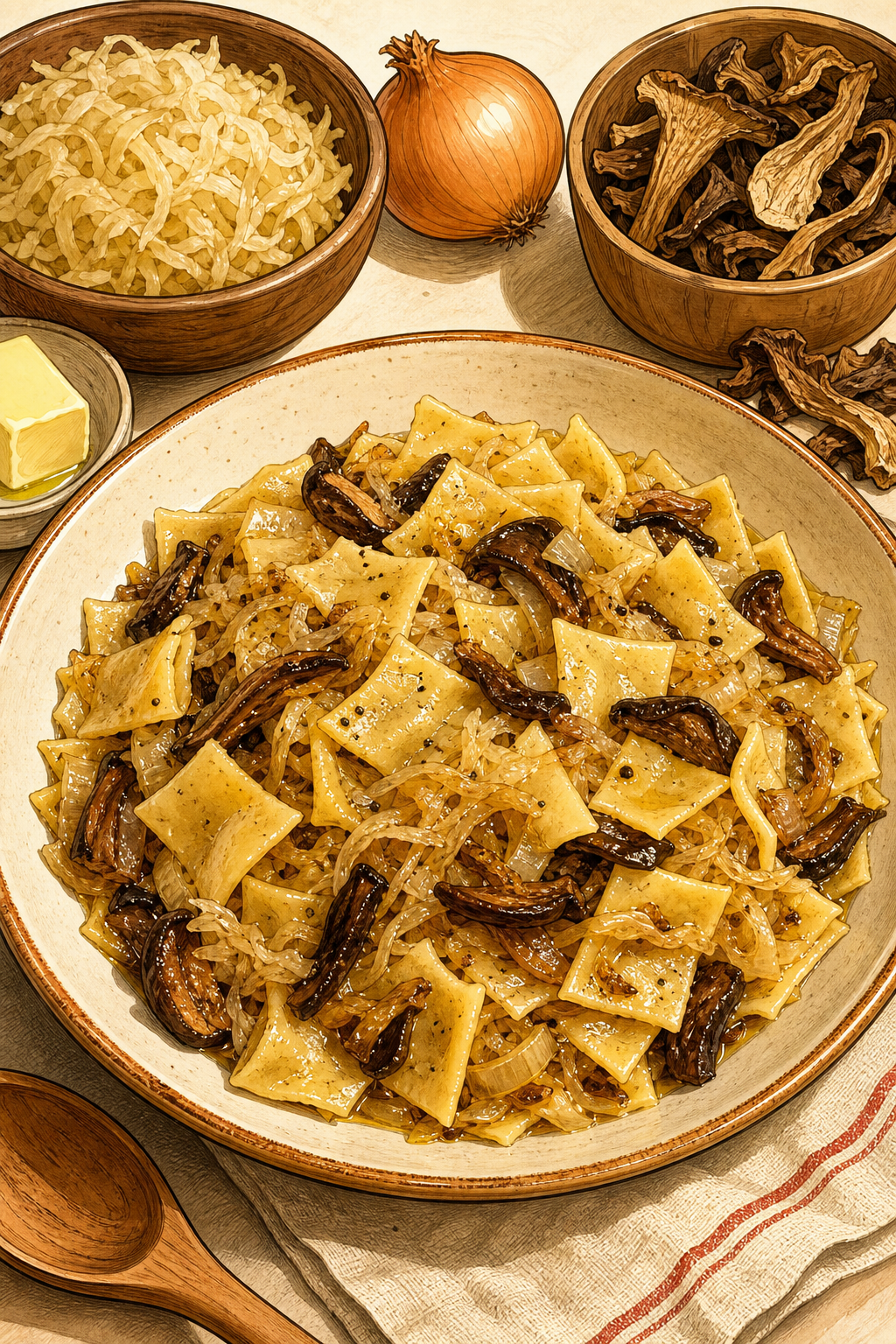 Traditional Polish Łazanki Square Noodles with Sauerkraut, Dried Forest Mushrooms and Onion illustrated recipe card