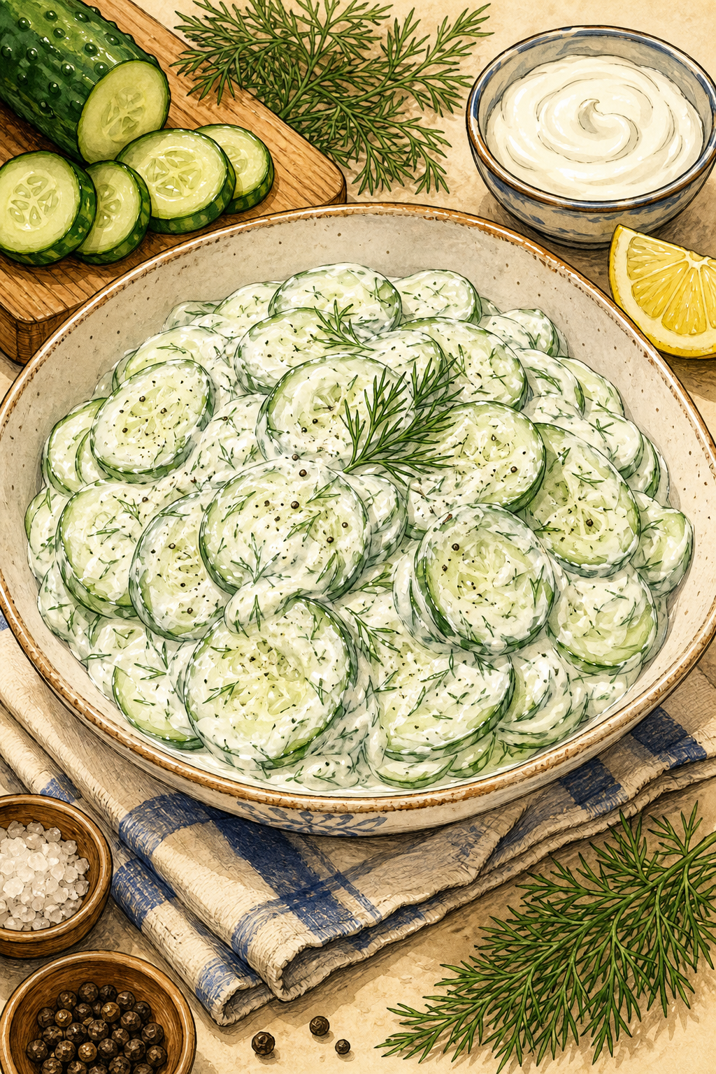 Traditional Polish Mizeria Cucumber Salad with Sour Cream, Dill and a Touch of Lemon or Vinegar illustrated recipe card