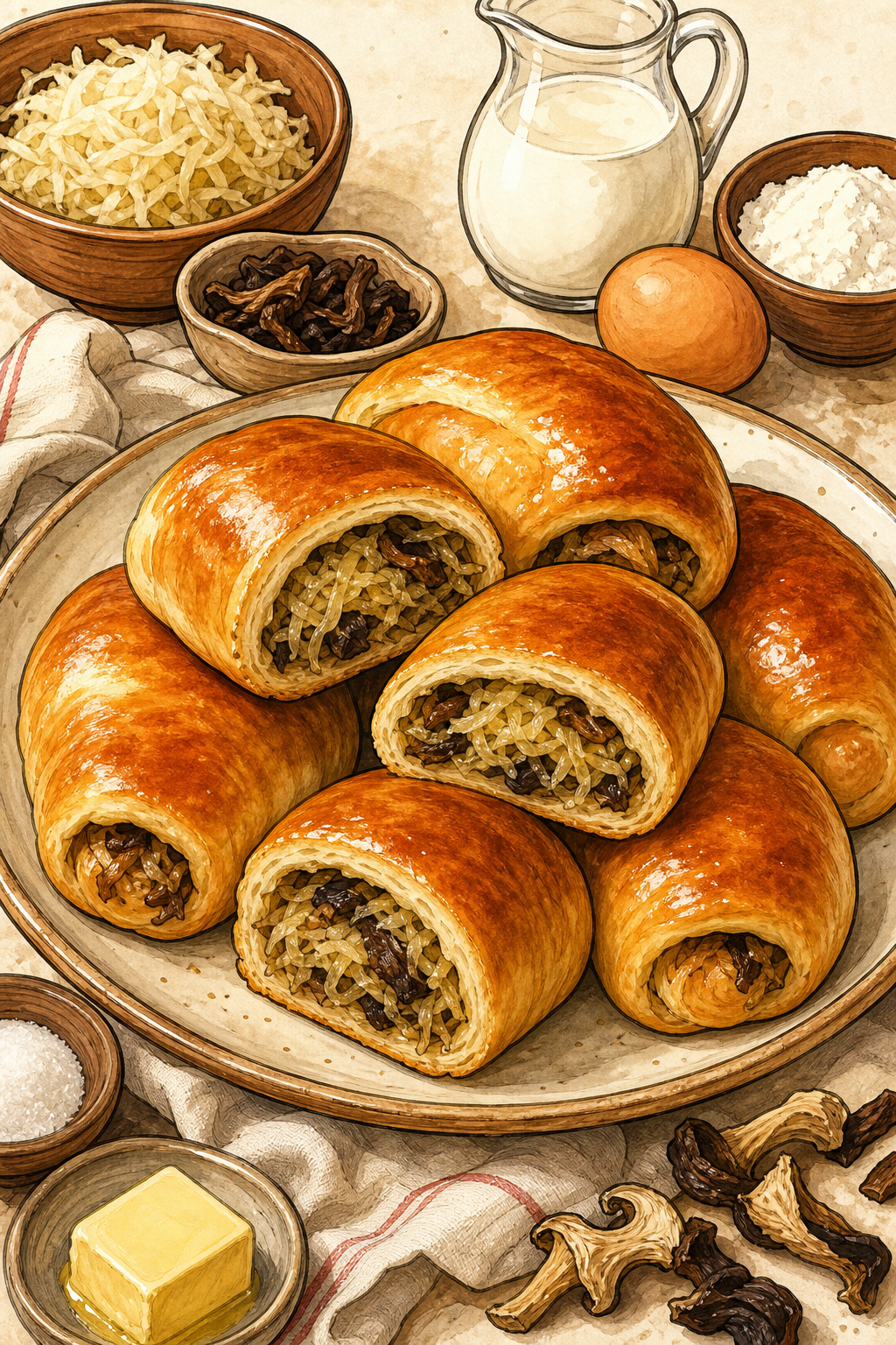 Traditional Polish Yeasted Paszteciki Rolls Filled with Sauerkraut and Dried Forest Mushrooms illustrated recipe card