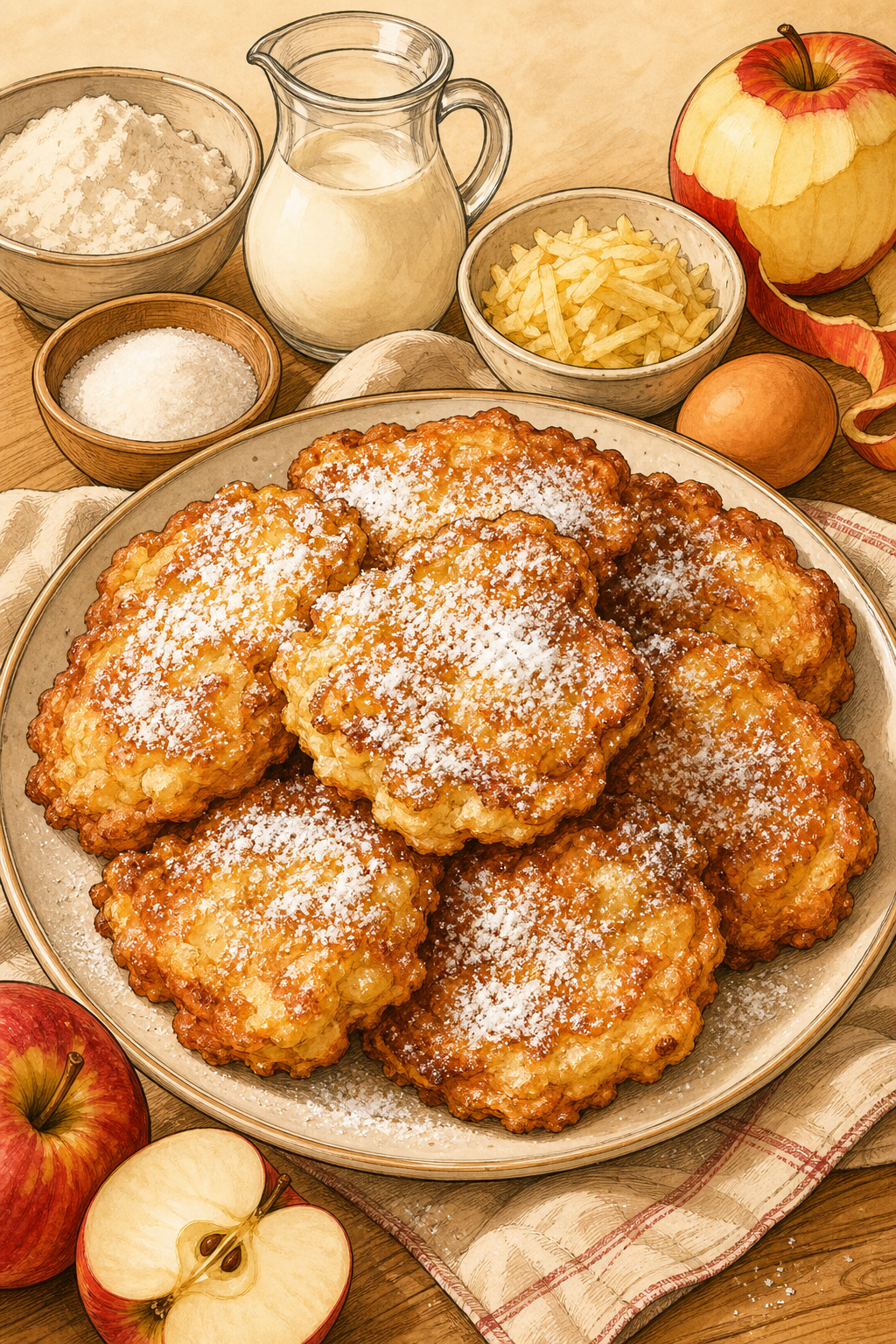 Traditional Polish Yeasted Apple Racuchy, Puffy Fried Fritters Finished with Powdered Sugar illustrated recipe card