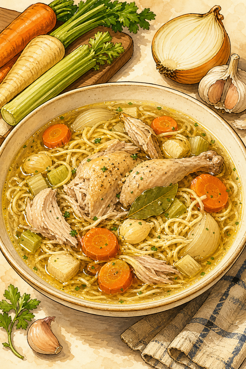 Traditional Polish Rosół, Clear Chicken Broth with Root Vegetables and Thin Homemade Egg Noodles