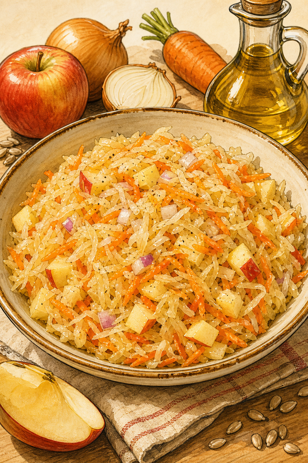 Traditional Polish Sauerkraut Salad with Carrot, Apple, Onion and Sunflower Oil