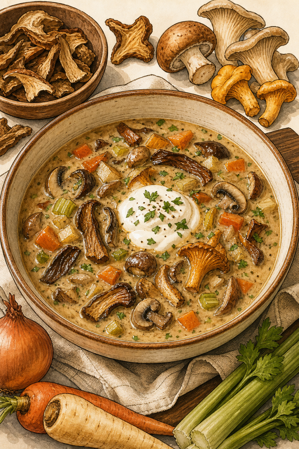 Traditional Polish Wild Mushroom Soup with Dried Porcini, Forest Mushrooms, Root Vegetables and Sour Cream illustrated recipe card