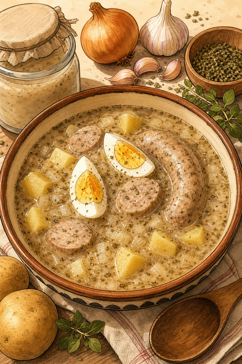 Traditional Polish Żurek with a Naturally Fermented Rye Starter, White Sausage, Potatoes, Marjoram and Egg (Never an Instant Rye-Flour Slurry) illustrated recipe card