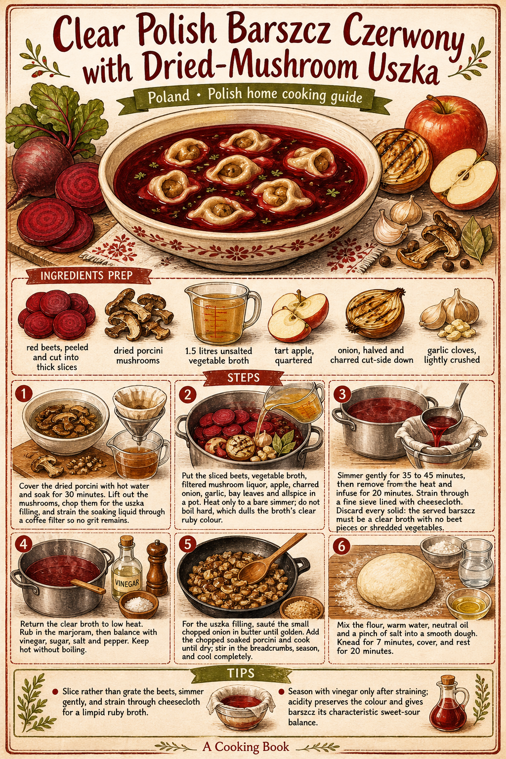 Clear Polish Barszcz Czerwony with Dried-Mushroom Uszka illustrated step-by-step cooking guide