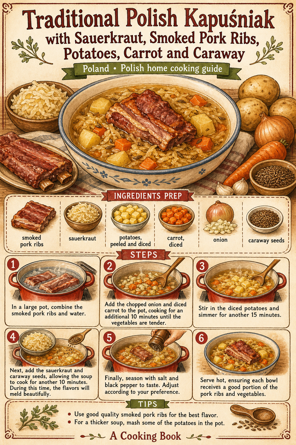 Traditional Polish Kapuśniak with Sauerkraut, Smoked Pork Ribs, Potatoes, Carrot and Caraway illustrated step-by-step cooking guide