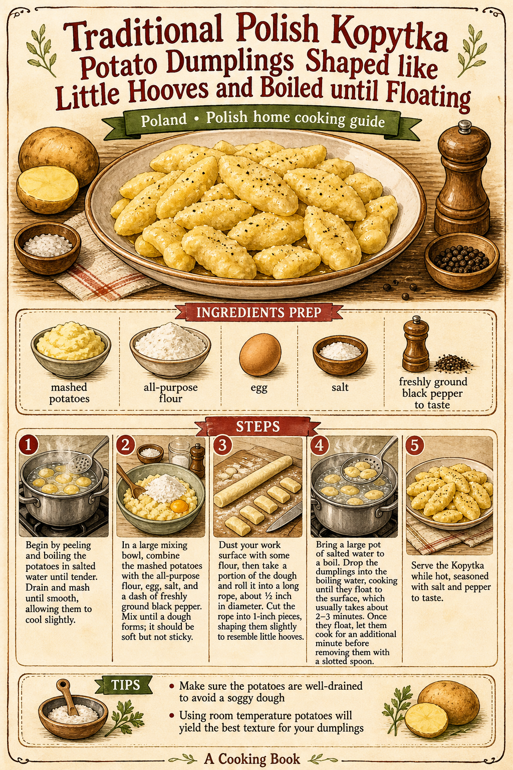 Traditional Polish Kopytka Potato Dumplings Shaped like Little Hooves and Boiled until Floating illustrated step-by-step cooking guide