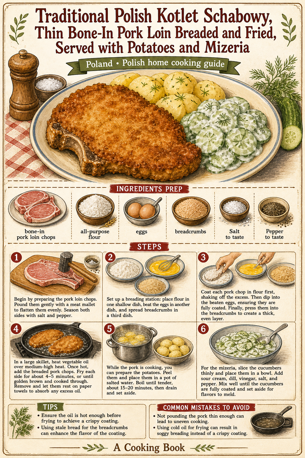 Traditional Polish Kotlet Schabowy, Thin Bone-In Pork Loin Breaded and Fried, Served with Potatoes and Mizeria illustrated step-by-step cooking guide