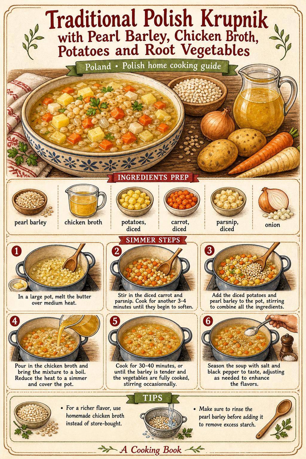 Traditional Polish Krupnik with Pearl Barley, Chicken Broth, Potatoes and Root Vegetables illustrated step-by-step cooking guide