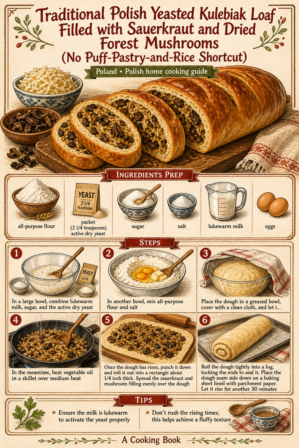 Traditional Polish Yeasted Kulebiak Loaf Filled with Sauerkraut and Dried Forest Mushrooms (No Puff-Pastry-and-Rice Shortcut) illustrated step-by-step cooking guide