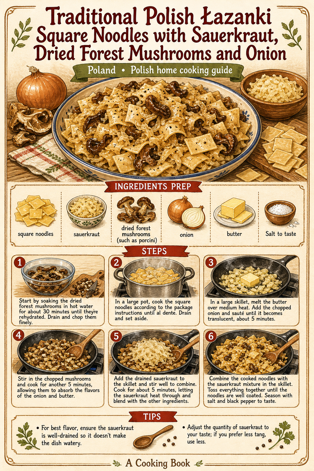 Traditional Polish Łazanki Square Noodles with Sauerkraut, Dried Forest Mushrooms and Onion illustrated step-by-step cooking guide