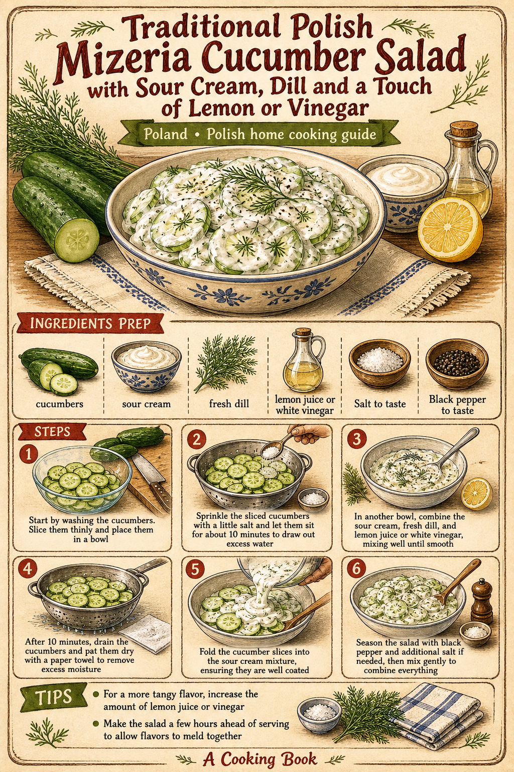 Traditional Polish Mizeria Cucumber Salad with Sour Cream, Dill and a Touch of Lemon or Vinegar illustrated step-by-step cooking guide