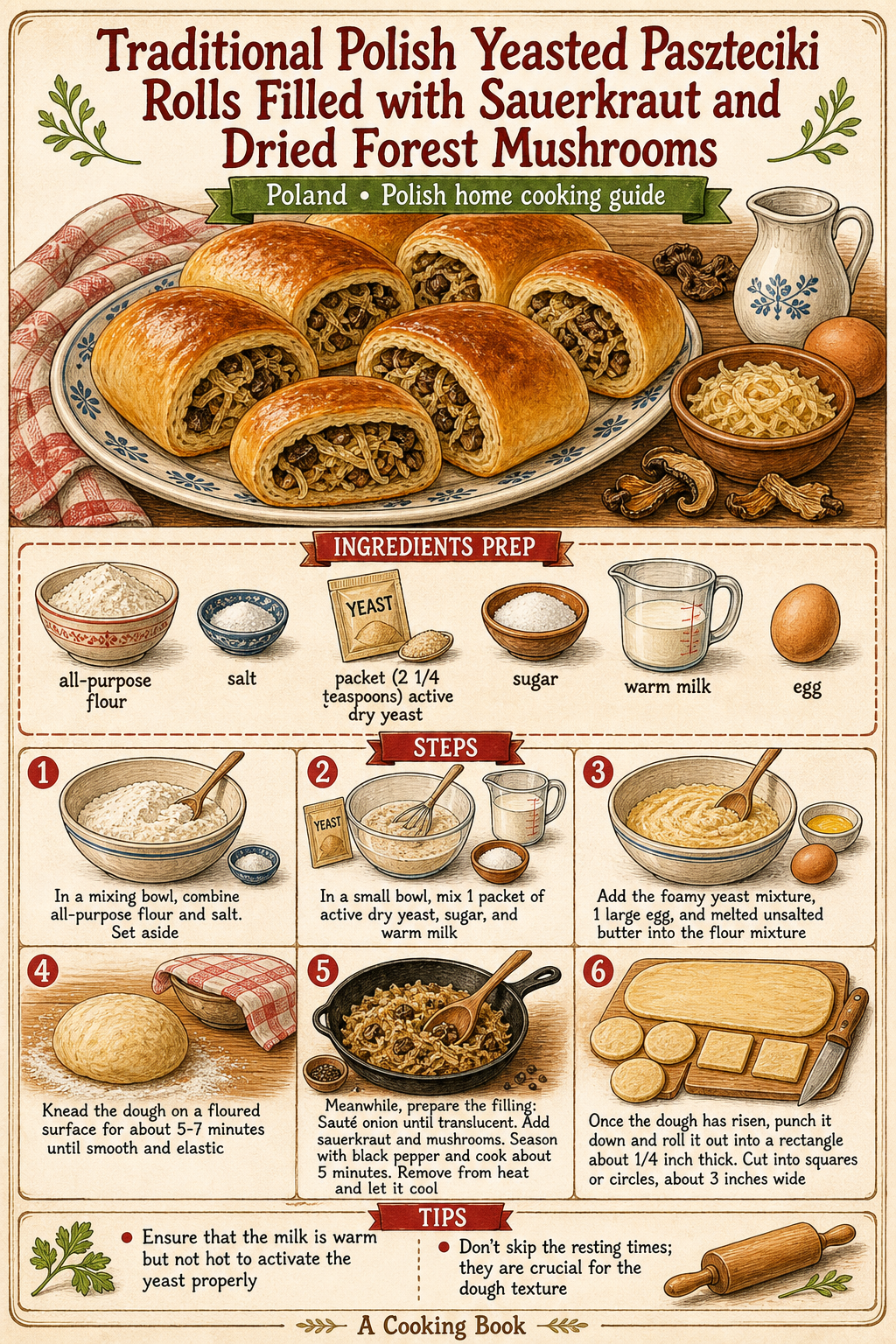 Traditional Polish Yeasted Paszteciki Rolls Filled with Sauerkraut and Dried Forest Mushrooms illustrated step-by-step cooking guide