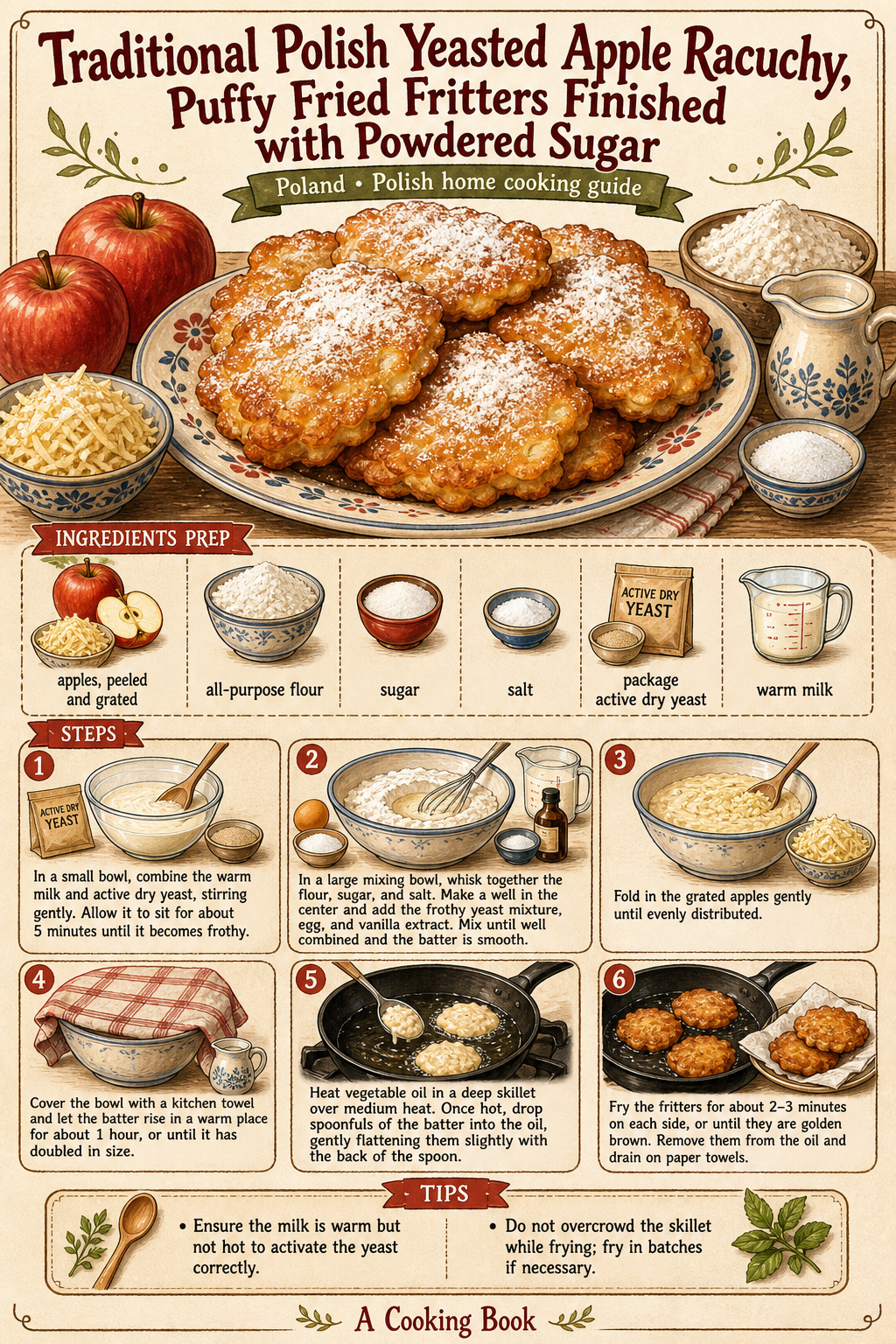 Traditional Polish Yeasted Apple Racuchy, Puffy Fried Fritters Finished with Powdered Sugar illustrated step-by-step cooking guide