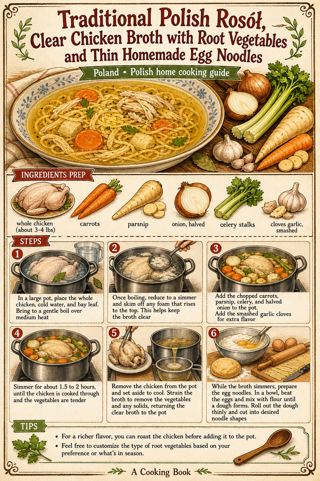 Traditional Polish Rosół, Clear Chicken Broth with Root Vegetables and Thin Homemade Egg Noodles illustrated step-by-step cooking guide