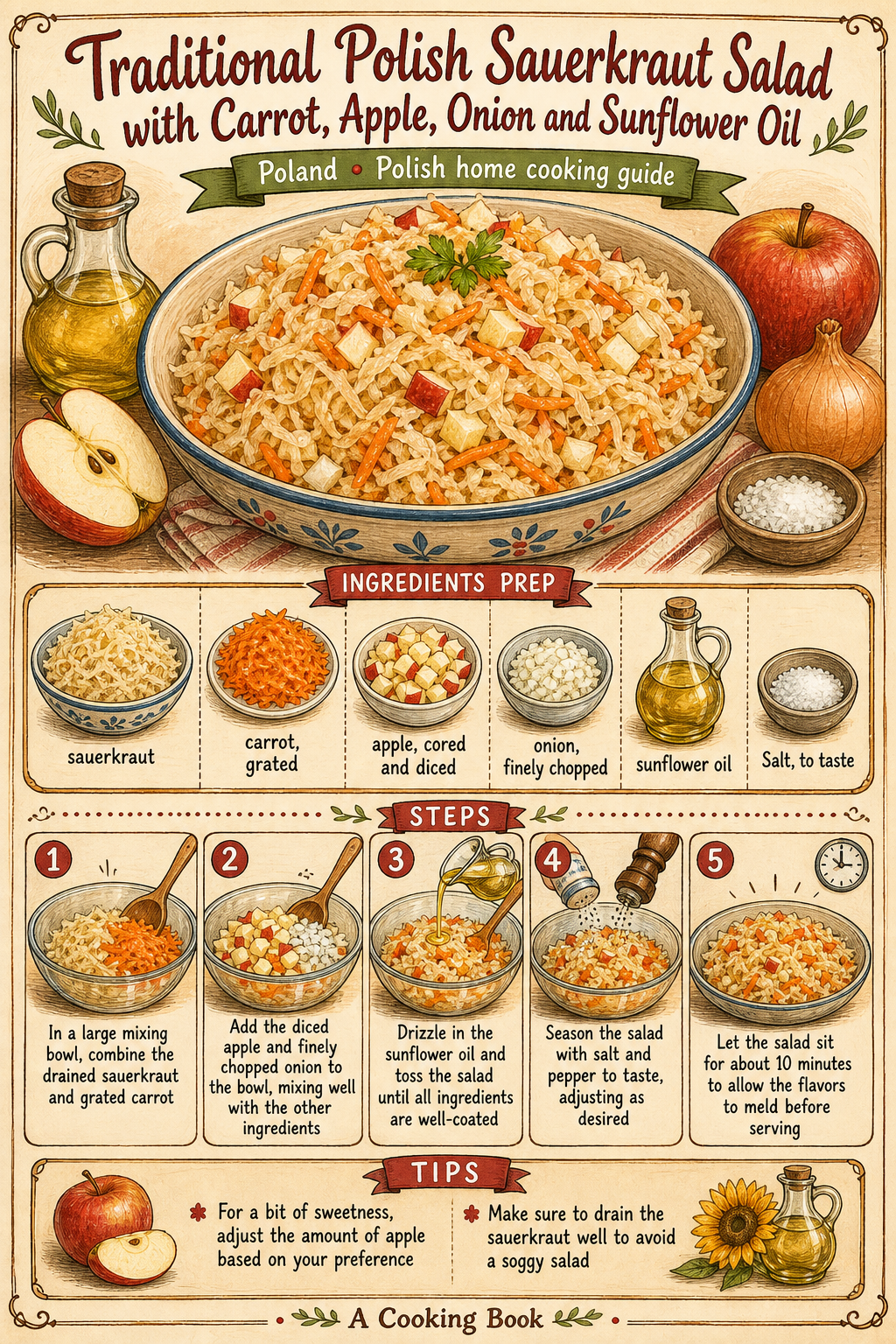 Traditional Polish Sauerkraut Salad with Carrot, Apple, Onion and Sunflower Oil illustrated step-by-step cooking guide