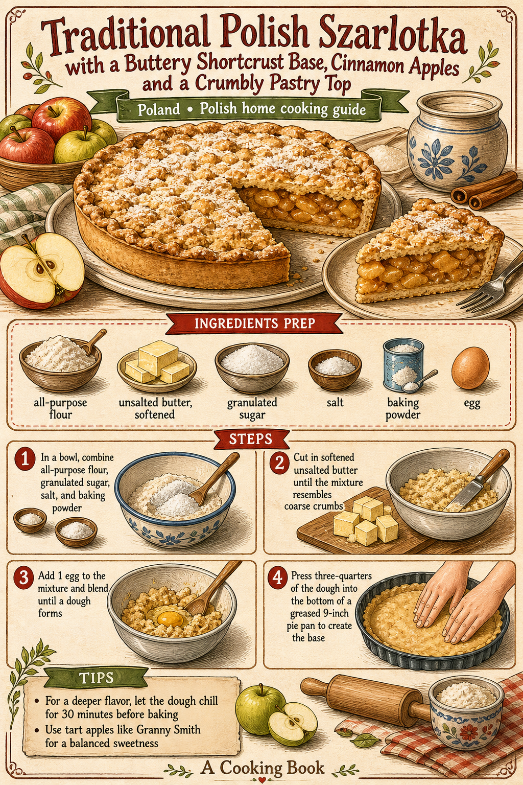 Traditional Polish Szarlotka with a Buttery Shortcrust Base, Cinnamon Apples and a Crumbly Pastry Top illustrated step-by-step cooking guide