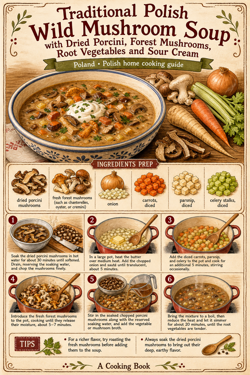 Traditional Polish Wild Mushroom Soup with Dried Porcini, Forest Mushrooms, Root Vegetables and Sour Cream illustrated step-by-step cooking guide