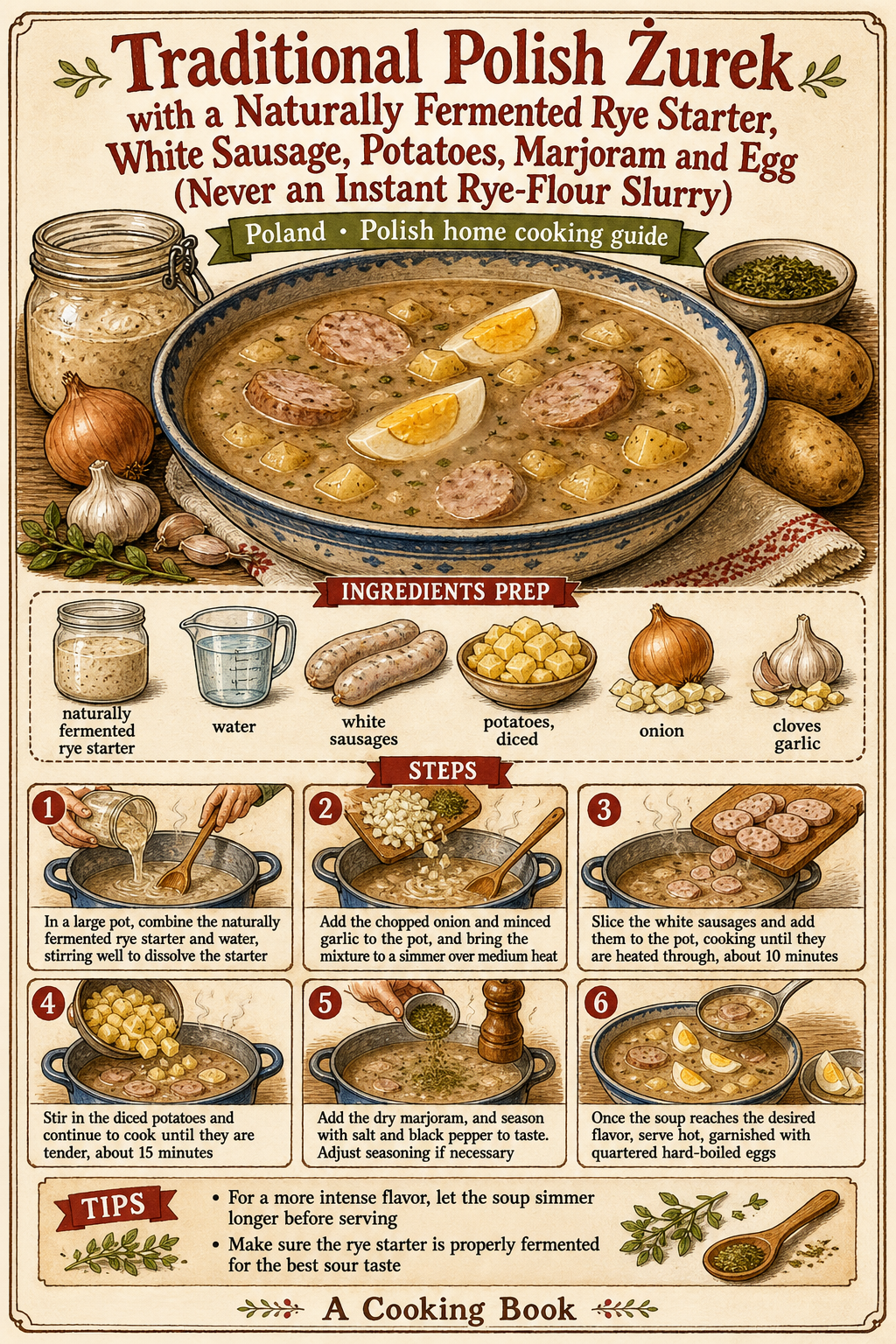 Traditional Polish Żurek with a Naturally Fermented Rye Starter, White Sausage, Potatoes, Marjoram and Egg (Never an Instant Rye-Flour Slurry) illustrated step-by-step cooking guide