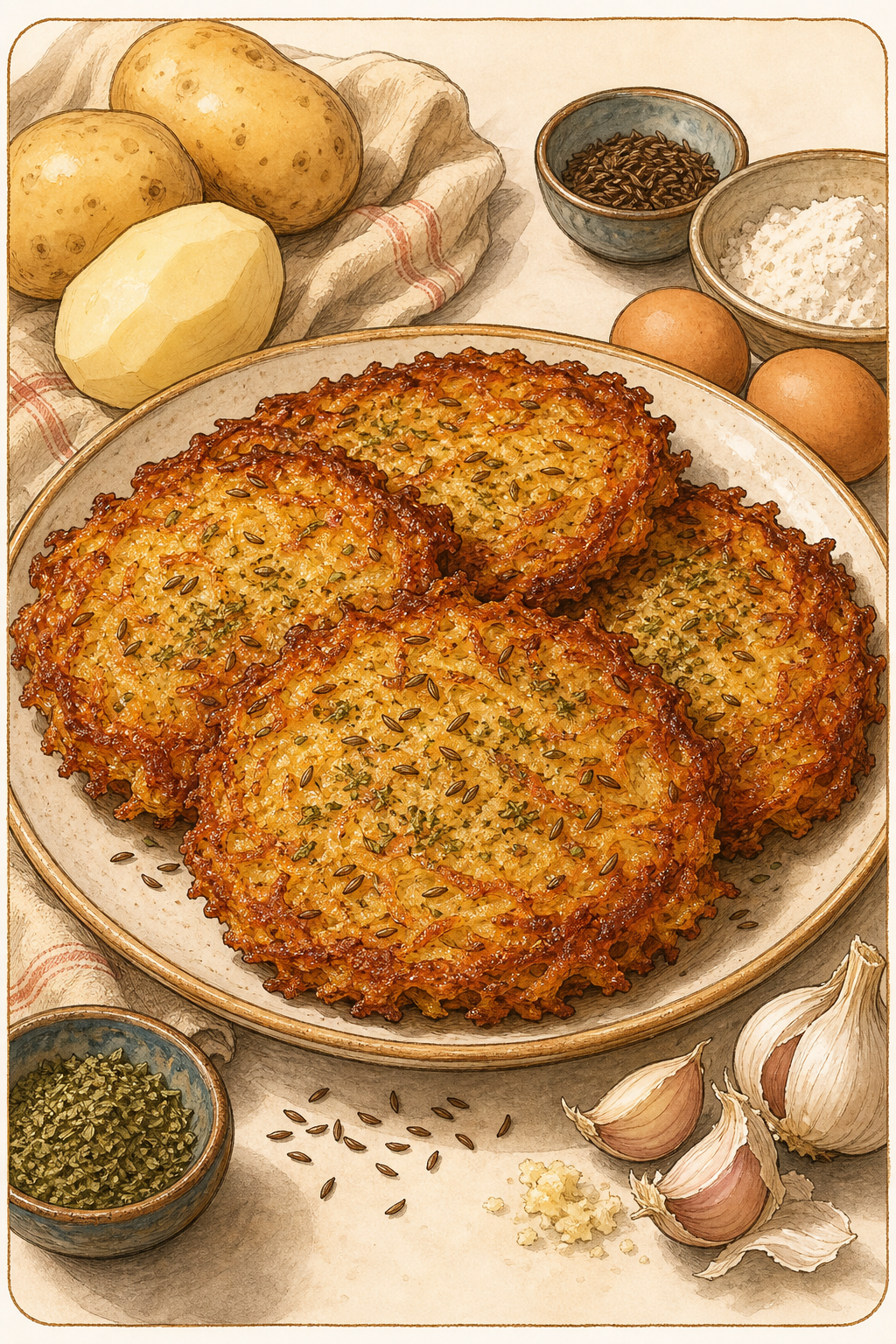 Traditional Czech Bramboráky: Crisp Grated-Potato Pancakes with Garlic, Marjoram and Caraway