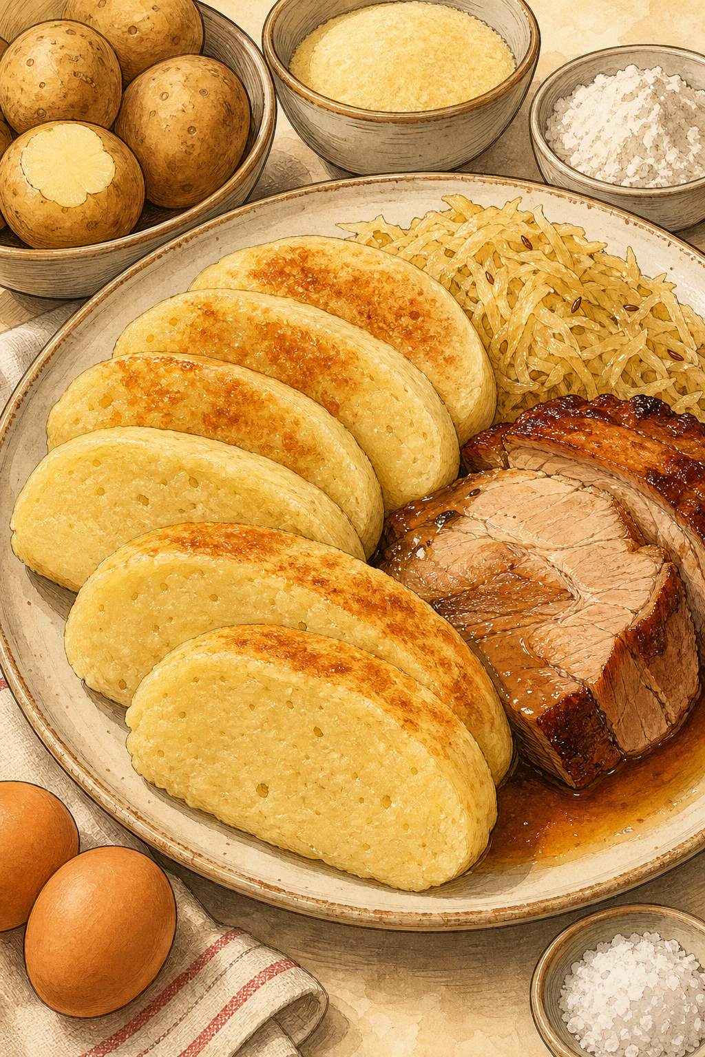 Traditional Czech Bramborové Knedlíky: Smooth, Close-Textured Boiled Potato-Dumpling Loaves Sliced for Roast Meats and Cabbage illustrated recipe card