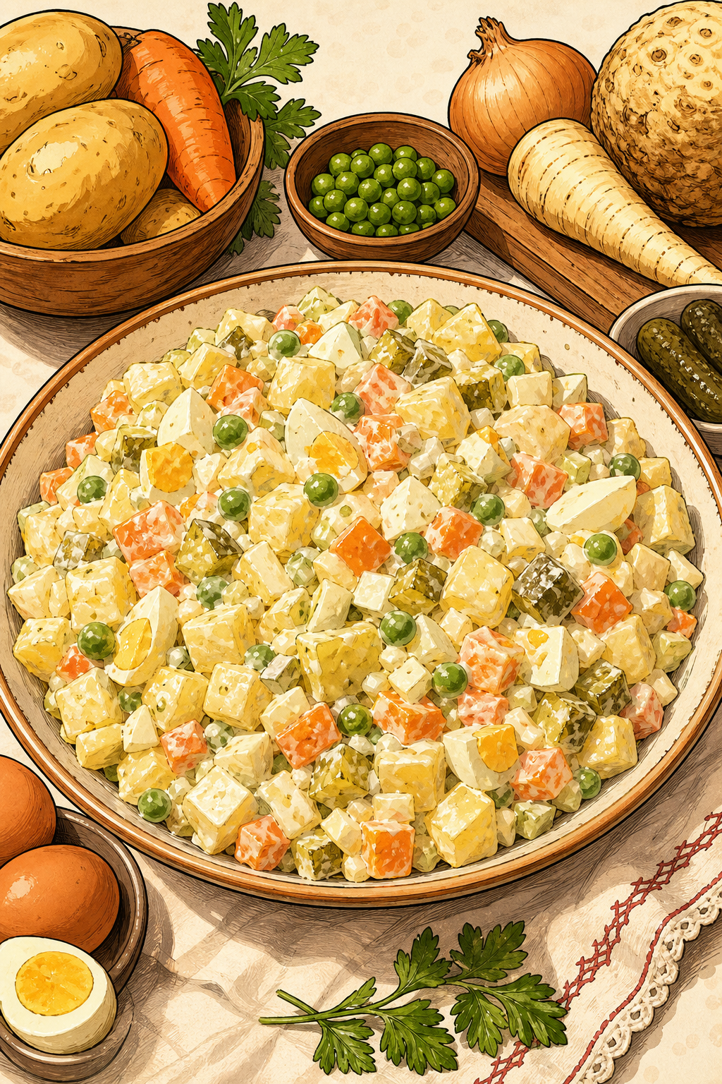 Traditional Czech Bramborový Salát: Christmas Potato Salad with Root Vegetables, Pickles, Peas, Eggs and Mayonnaise