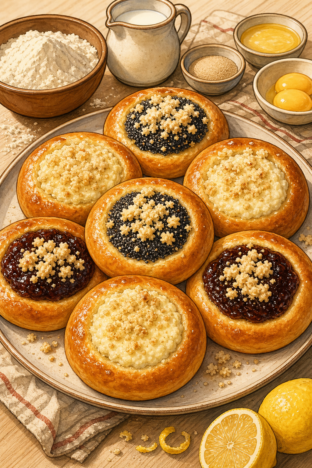 Traditional Czech Koláče: Round Yeasted Pastries with Tvaroh, Poppy-Seed or Plum-Butter Fillings and Posypka illustrated recipe card