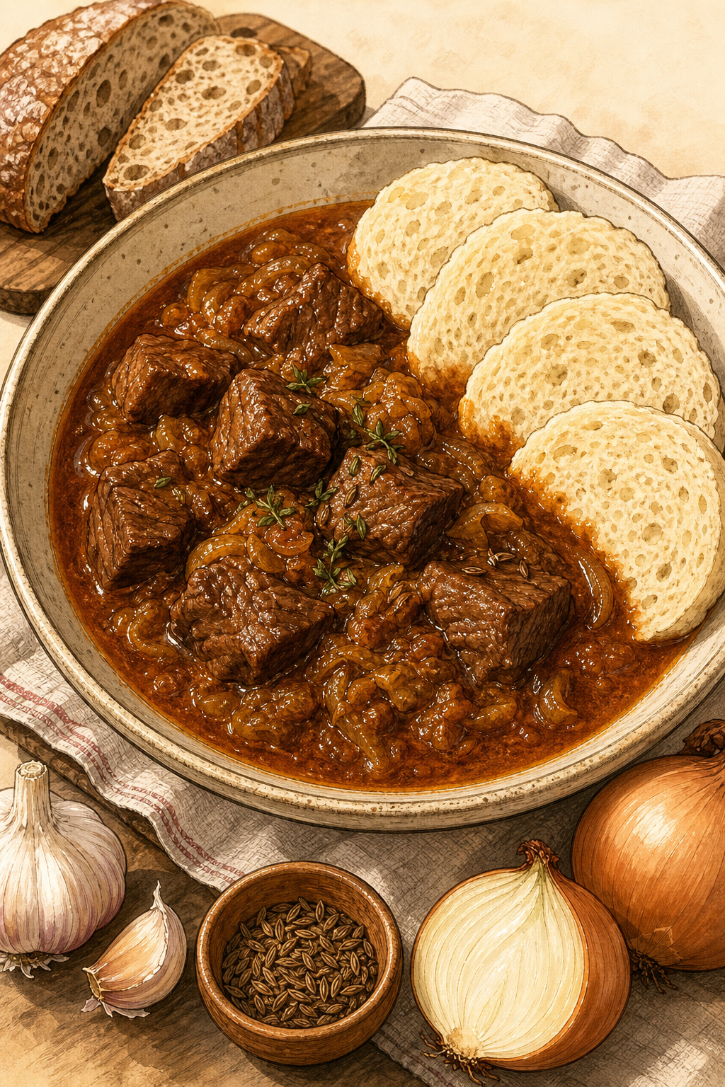 Traditional Czech Hovězí Guláš: Beef and Onion Paprika Gravy Served with Bread Dumplings (Not Hungarian Gulyás Soup)