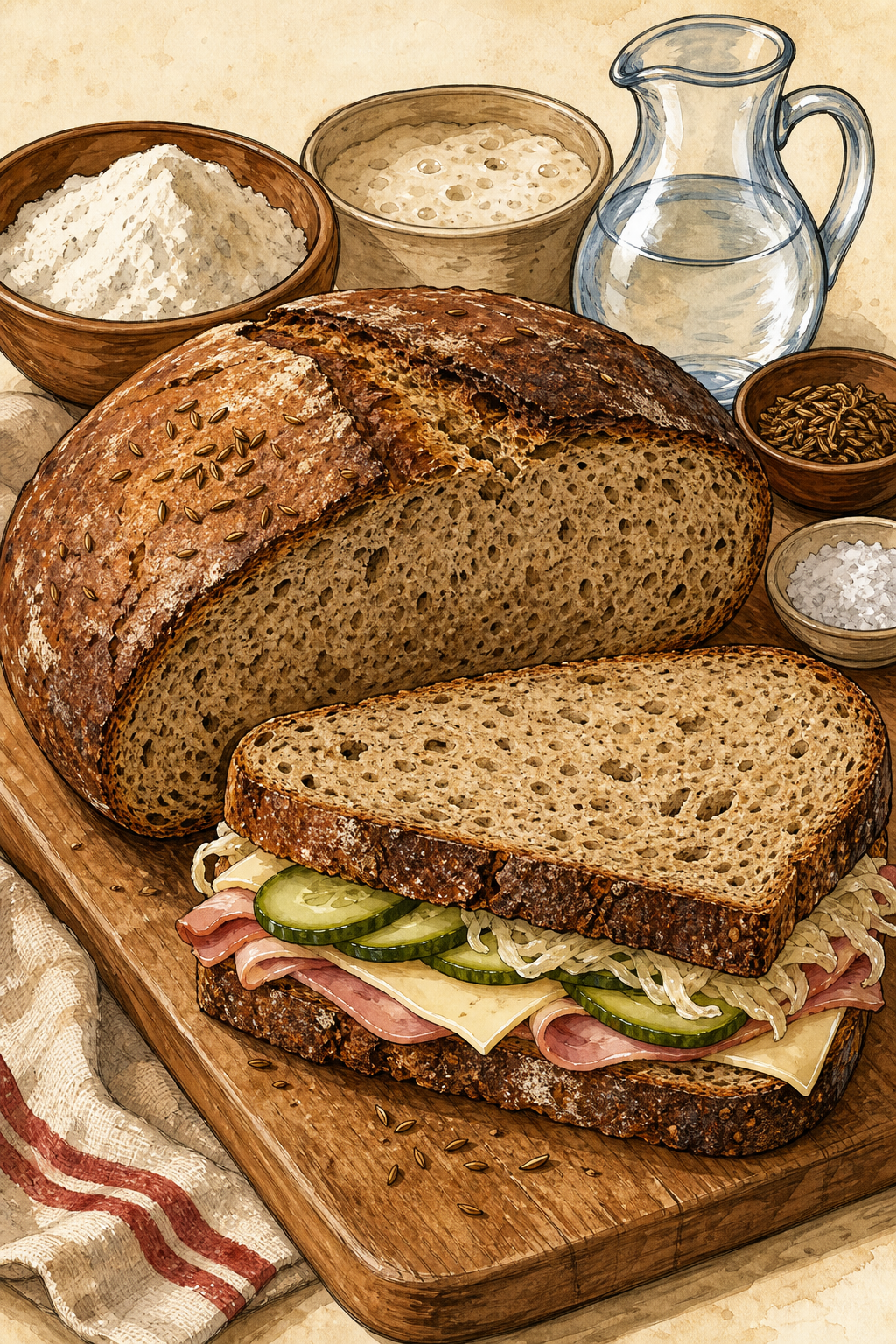 Traditional Czech Sourdough Rye-Wheat Bread with Caraway, a Moist Crumb and Dark Crisp Crust