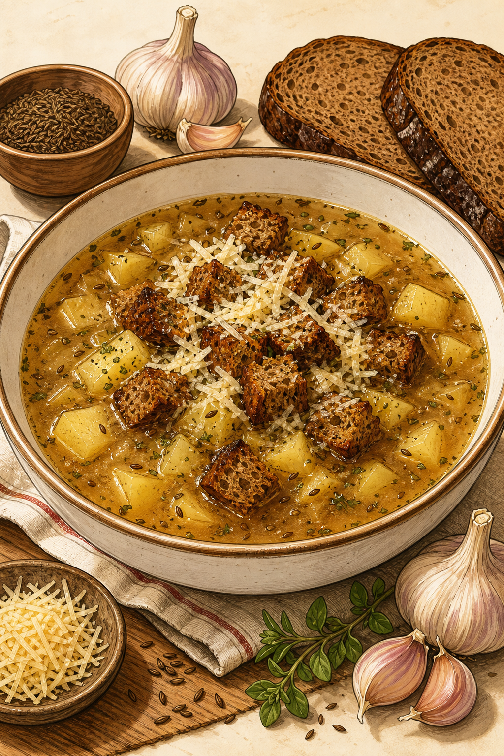Traditional Czech Česnečka: Strong Garlic and Potato Soup with Caraway, Marjoram, Rye-Bread Croutons and Cheese