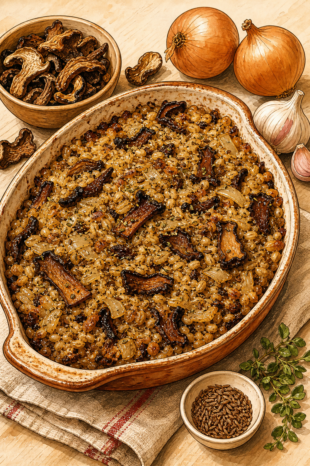 Traditional Czech Houbový Kuba: Christmas-Eve Pearl-Barley Bake with Dried Forest Mushrooms, Garlic and Marjoram