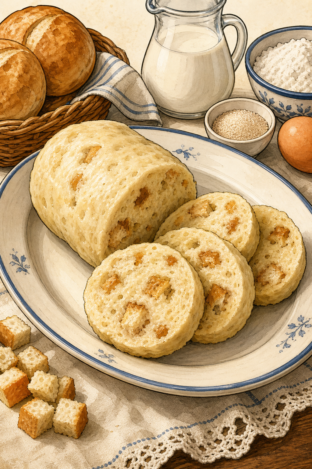 Traditional Czech Houskové Knedlíky: Yeasted Bread Dumpling Loaves with Stale-Roll Cubes, Boiled or Steamed and Sliced