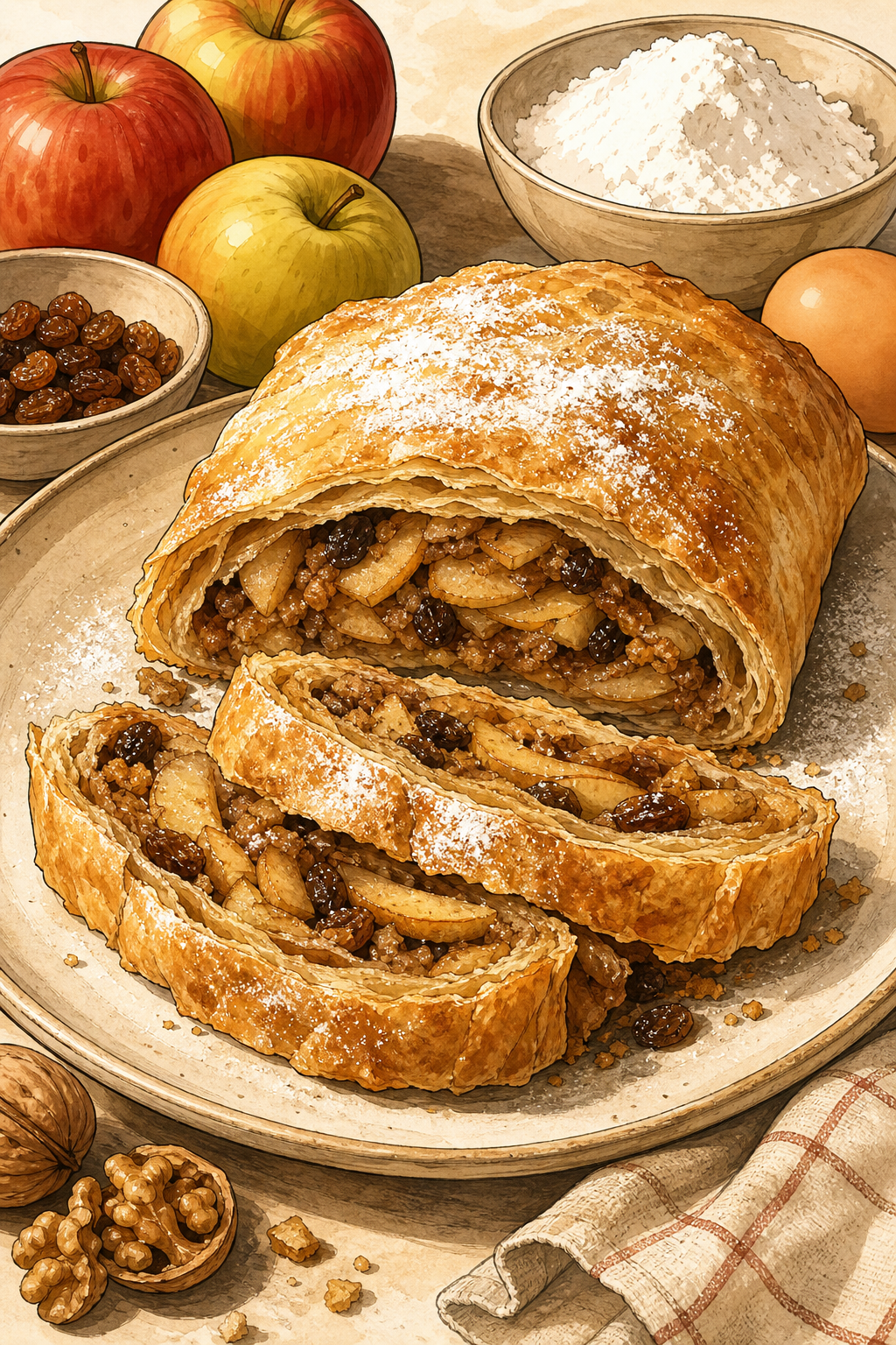 Traditional Czech Jablečný Závin: Thin-Pastry Apple Strudel with Cinnamon, Raisins, Walnuts and Toasted Breadcrumbs