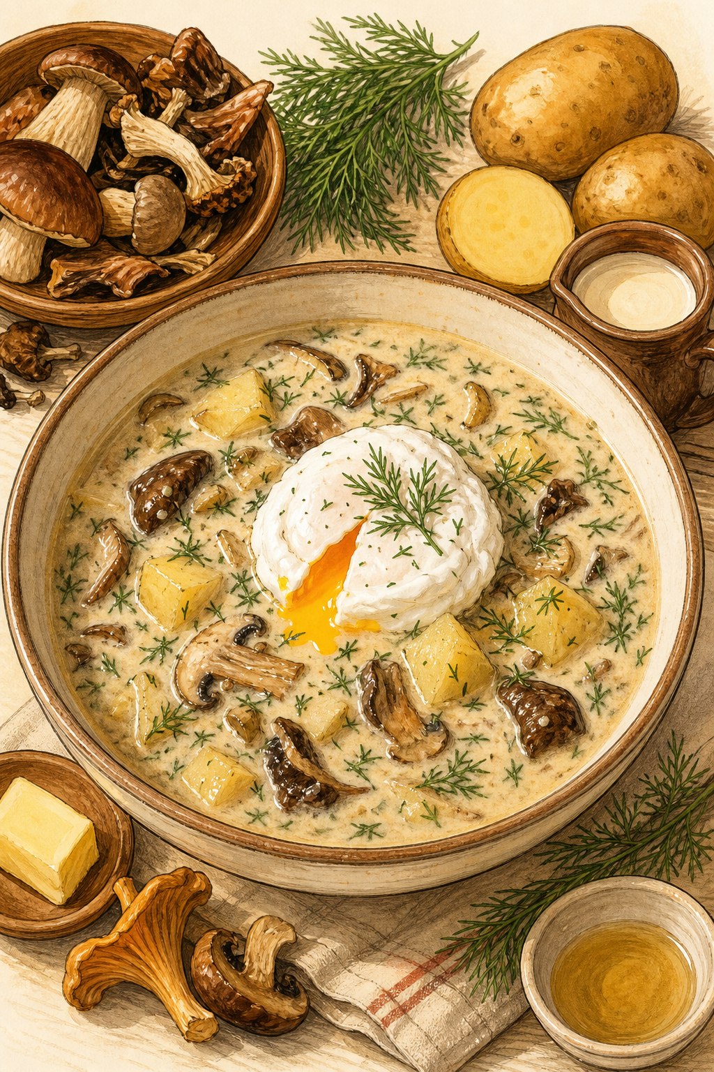 Traditional South Bohemian Kulajda: Creamy Wild-Mushroom and Potato Soup with Dill, Vinegar and Poached Egg illustrated recipe card