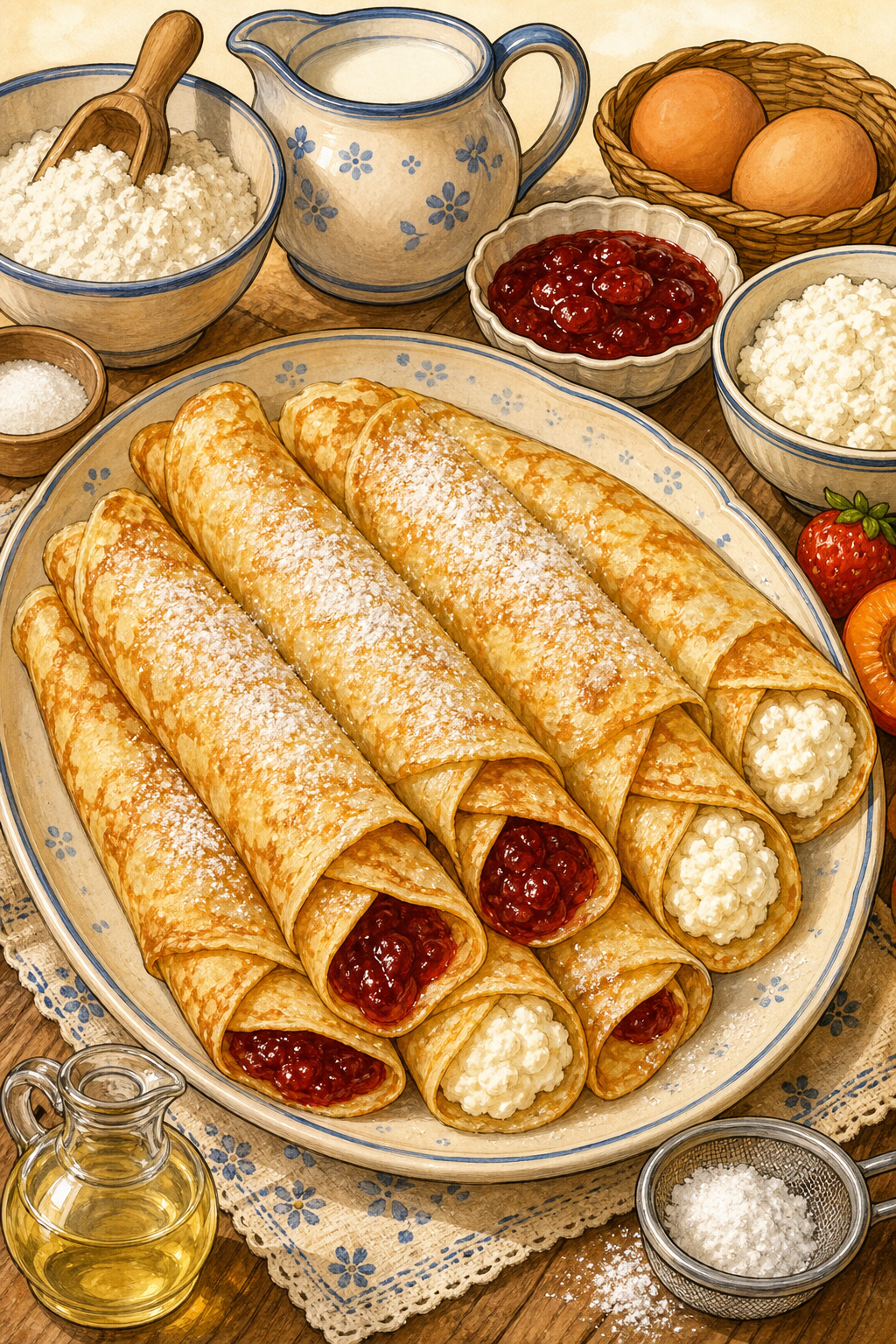 Traditional Czech Palačinky: Thin Oil-Fried Crêpes Rolled with Fruit Jam or Sweet Tvaroh and Dusted with Sugar illustrated recipe card