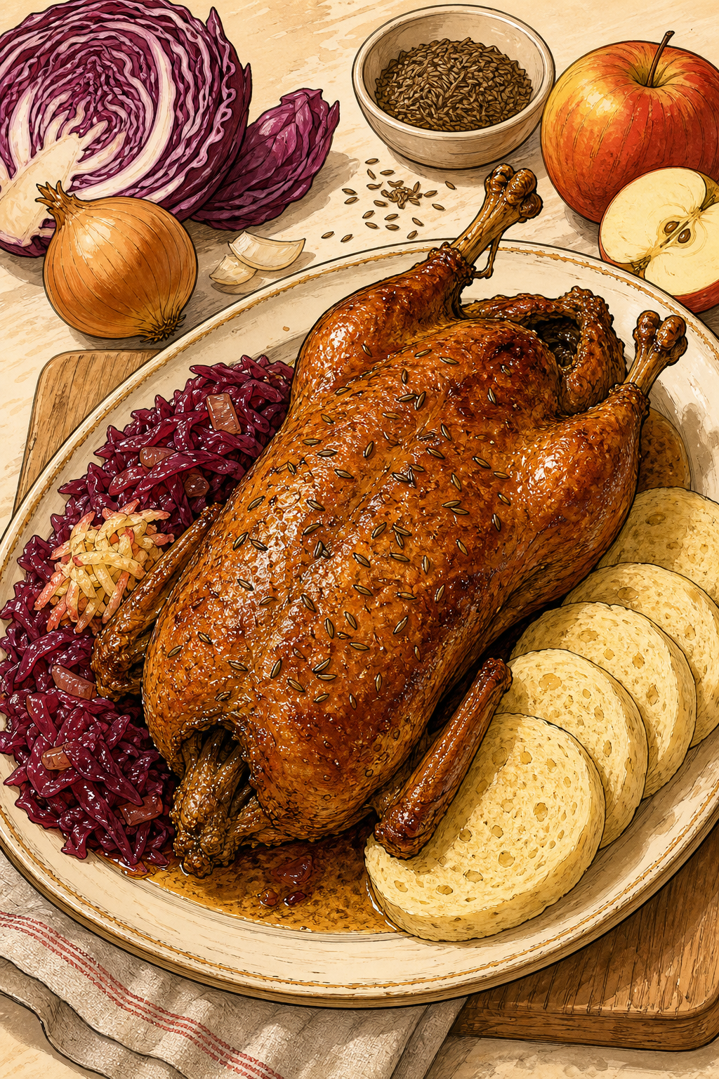 Traditional Czech Pečená Kachna: Caraway Roast Duck with Braised Red Cabbage and Bread or Potato Dumplings illustrated recipe card
