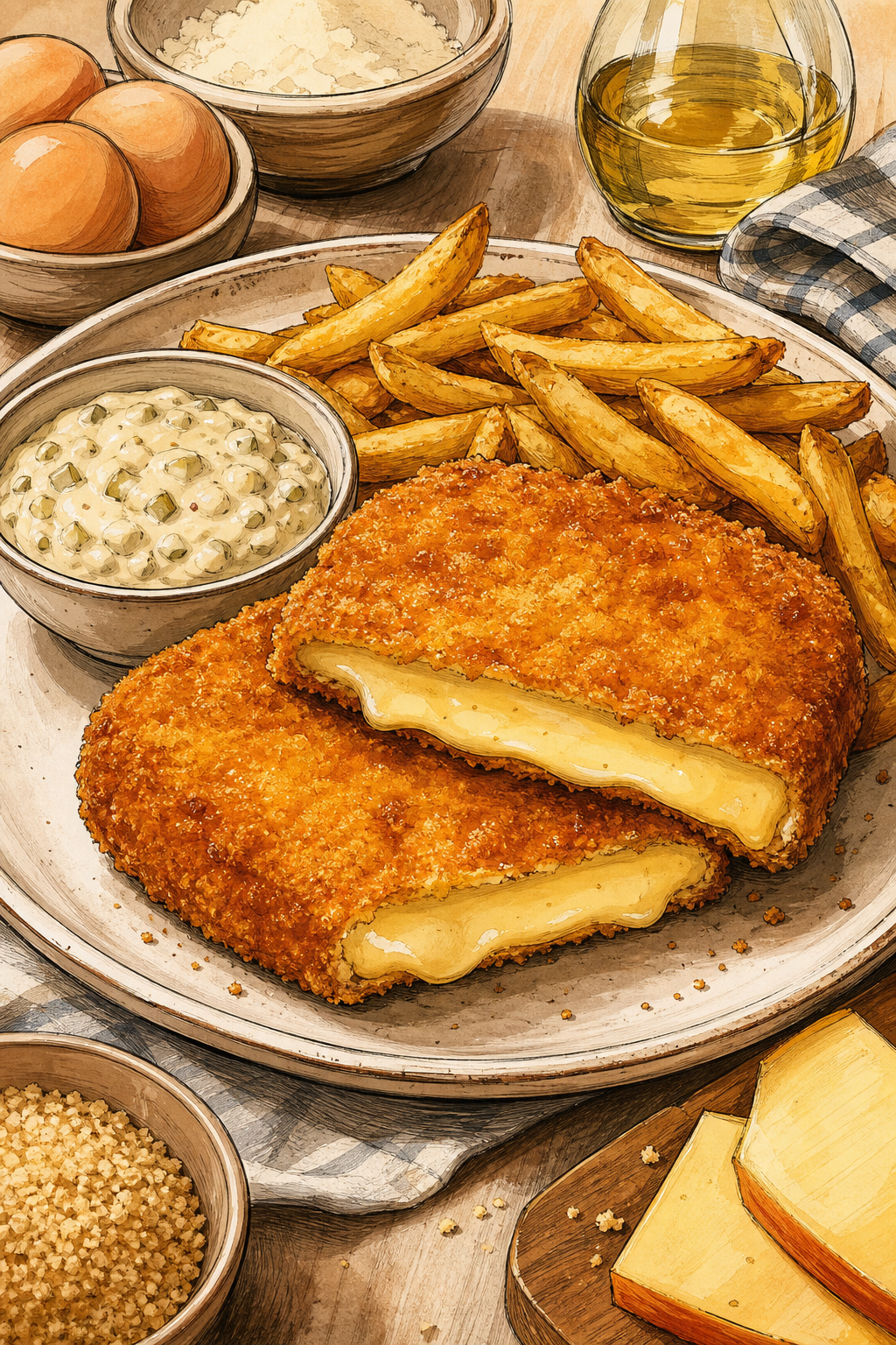 Czech Pub-Style Smažený Sýr: Breaded Fried Edam Cheese Served with Tartar Sauce and Fries illustrated recipe card