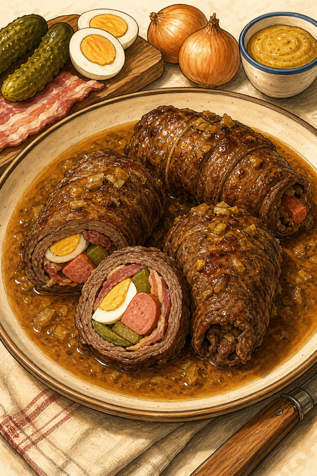 Traditional Czech Španělský Ptáček: Braised Beef Roulades Filled with Bacon, Pickle, Egg and Sausage in Savoury Gravy illustrated recipe card