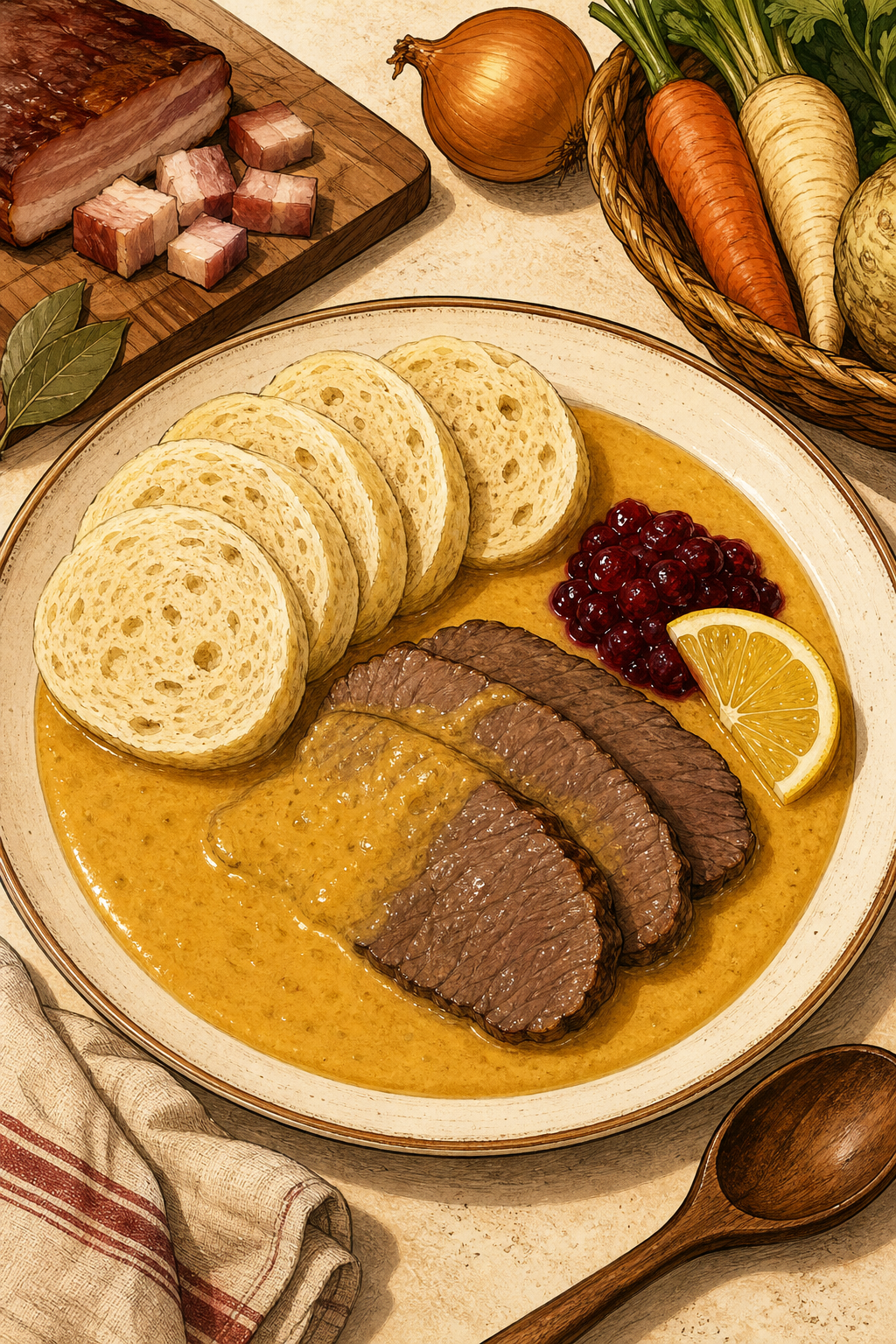 Traditional Czech Svíčková na smetaně: Braised Beef with Smooth Root-Vegetable Cream Sauce, Bread Dumplings, Cranberries and Lemon