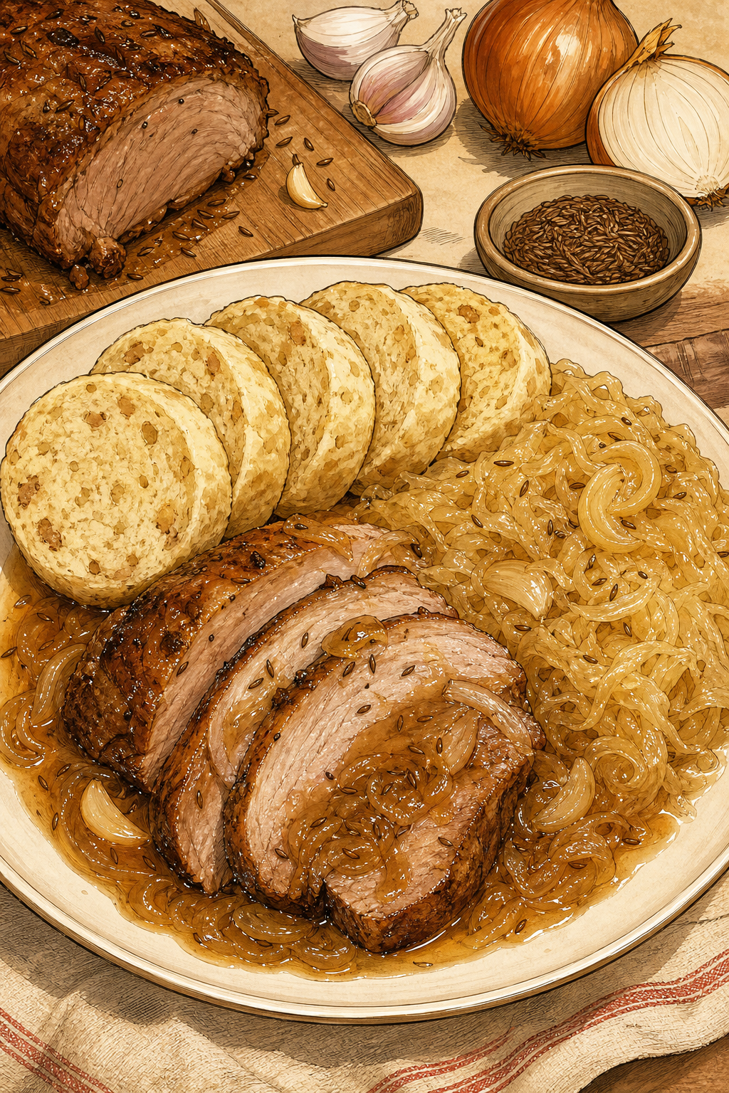 Traditional Czech Vepřo Knedlo Zelo: Caraway Roast Pork with Bread Dumplings and Sweet-Sour Braised Sauerkraut